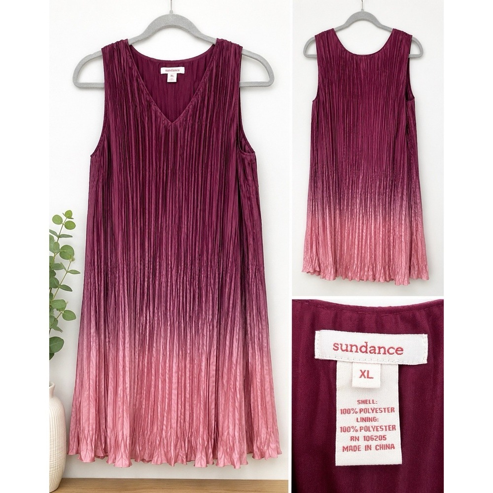 Sundance Burgundy Pink Ombré Pleated Satin V-Neck Dress XL